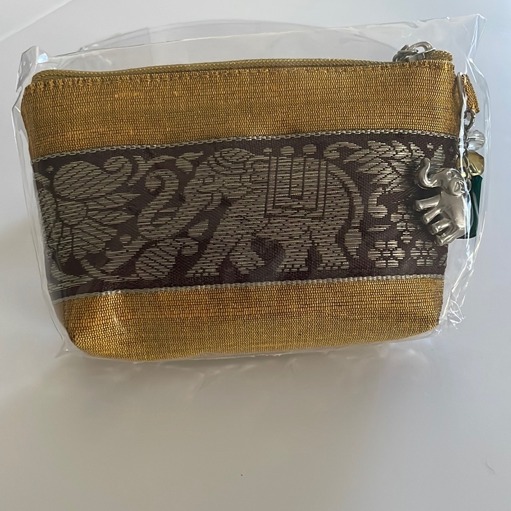 Elephant 100% Silk Thai Coin Bag Gold Silver 1000 Road Thailand Clutch GIFT NEW